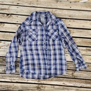 GC Blue Vintage Collection Large Plaid Blue Gray Beige Button Down Pearl Western